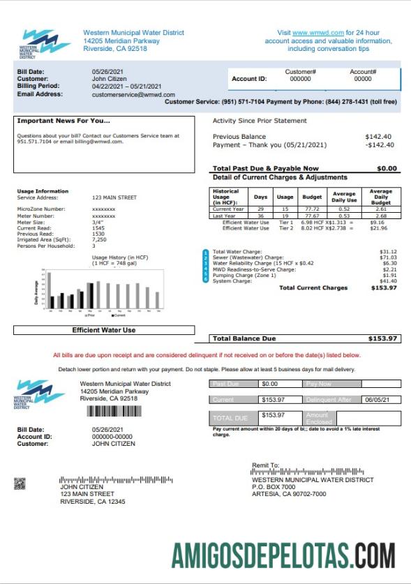 imprimível Modelo de conta de serviços públicos do distrito municipal ocidental dos EUA em formato Word e PDF